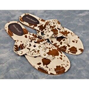 Pierre Dumas Brown & White Cow Print Flip Flops Sandals Size 8.5 Women's